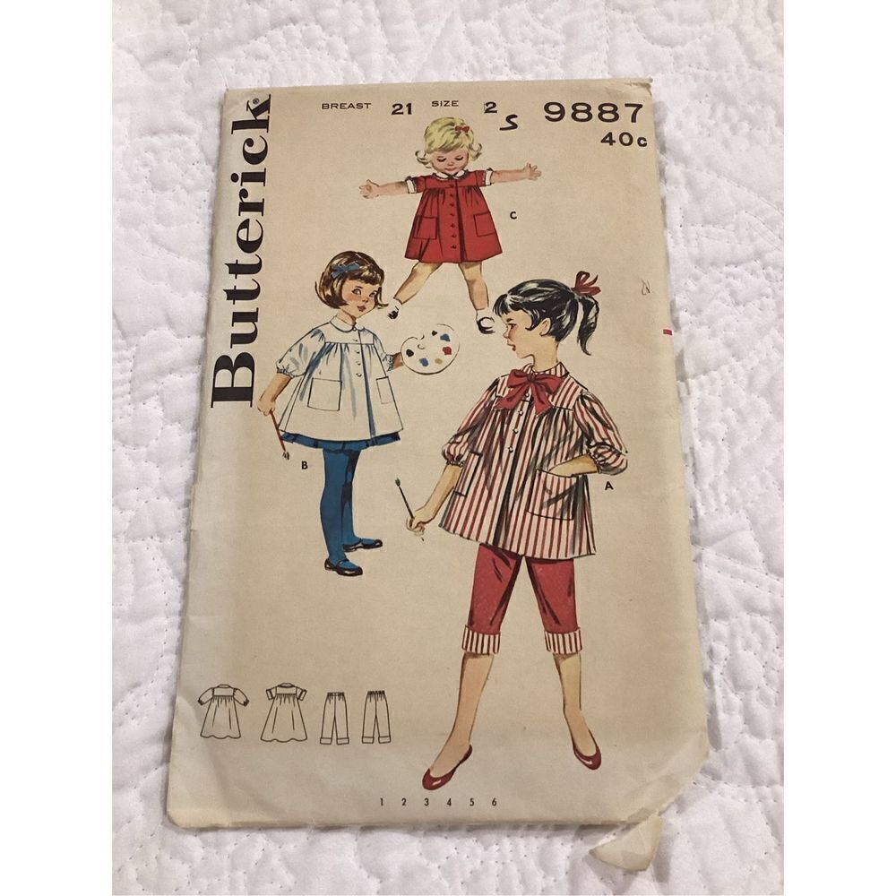 Vintage 1960s Sewing PATTERN Butterick 9887 Girls Smock, Pants, & Dress